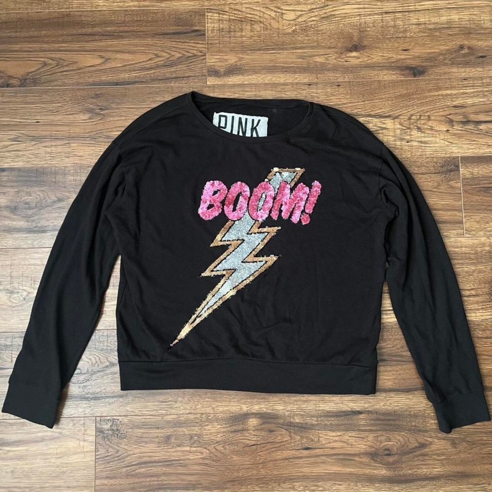 Black Victoria's Secret PINK sequin sweatshirt Women M Y2K 2000s Streetwear